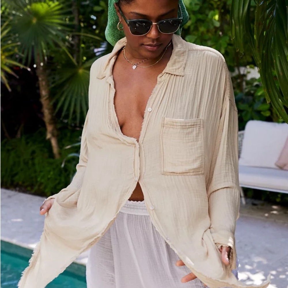 aerie Cream Lightweight Gauze Button-Front Shirt